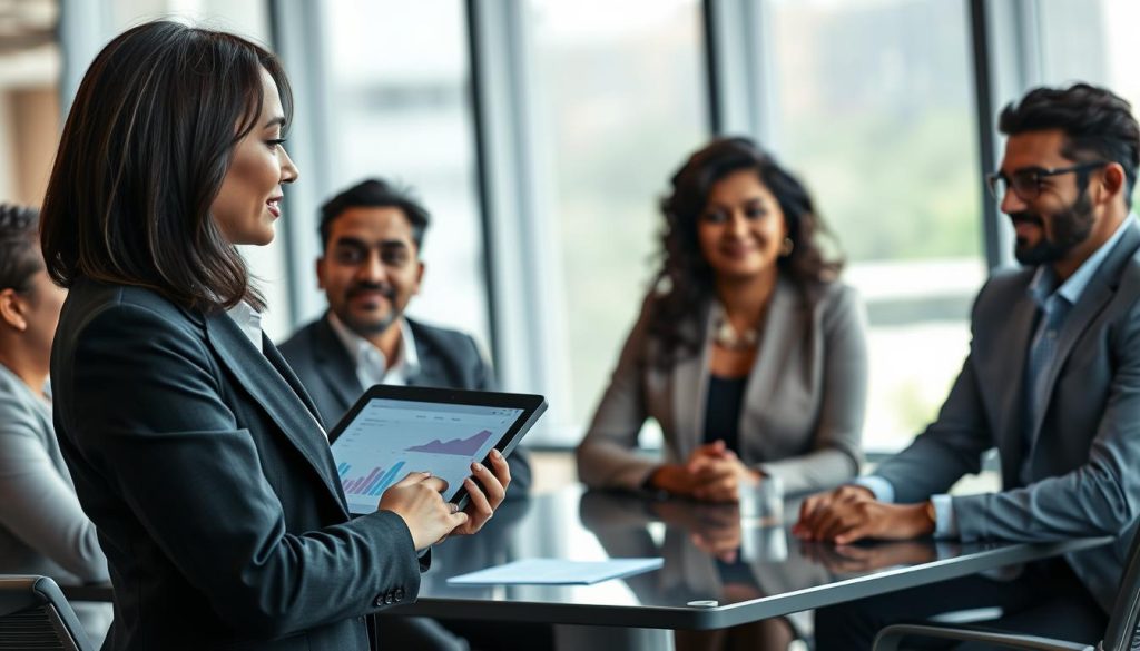 A professional setting depicting a group of diverse investors and startup founders engaged in a serious discussion about capital strategy and investor outreach. In the foreground, a confident female entrepreneur in a tailored blazer presents her pitch using a digital tablet, showcasing graphs and data. The middle ground shows a diverse group of investors, including men and women of Asian, Caucasian, and Hispanic descent, seated around a sleek conference table, reflecting engagement and interest. The background features a modern office with large windows, letting in soft, ambient natural light that creates a warm and focused atmosphere. The scene is shot from a slightly elevated angle, highlighting the dynamics of conversation while ensuring all individuals are attired in professional business attire. A professional setting depicting a group of diverse investors and startup founders engaged in a serious discussion about capital strategy and investor outreach. In the foreground, a confident female entrepreneur in a tailored blazer presents her pitch using a digital tablet, showcasing graphs and data. The middle ground shows a diverse group of investors, including men and women of Asian, Caucasian, and Hispanic descent, seated around a sleek conference table, reflecting engagement and interest. The background features a modern office with large windows, letting in soft, ambient natural light that creates a warm and focused atmosphere. The scene is shot from a slightly elevated angle, highlighting the dynamics of conversation while ensuring all individuals are attired in professional business attire.
