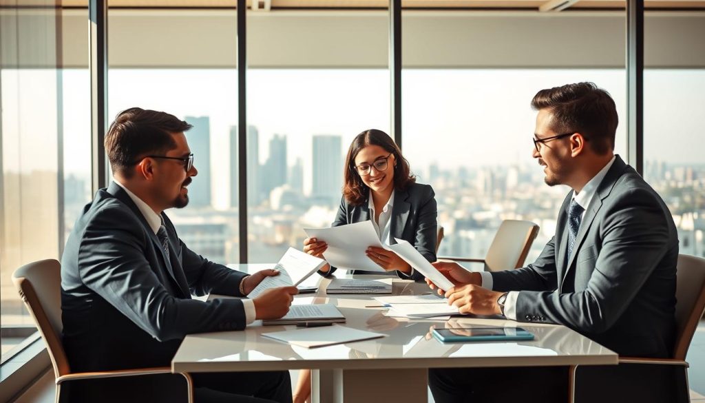 A professional setting featuring an emerging fund manager engaged in discussions with potential limited partners (LPs). In the foreground, a diverse group of three business professionals, dressed in formal business attire, is seated around a sleek conference table, examining financial documents and investment portfolios. The middle ground showcases a modern office space with large windows allowing natural light to pour in, illuminating the participants and creating an atmosphere of transparency and collaboration. In the background, a subtle city skyline can be seen through the glass, symbolizing the broader financial landscape. The lighting is warm and inviting, conveying trust and professionalism, with a focus on the interactions and expressions of the individuals. The composition captures the essence of navigating LP conversations and due diligence processes in a sophisticated environment.