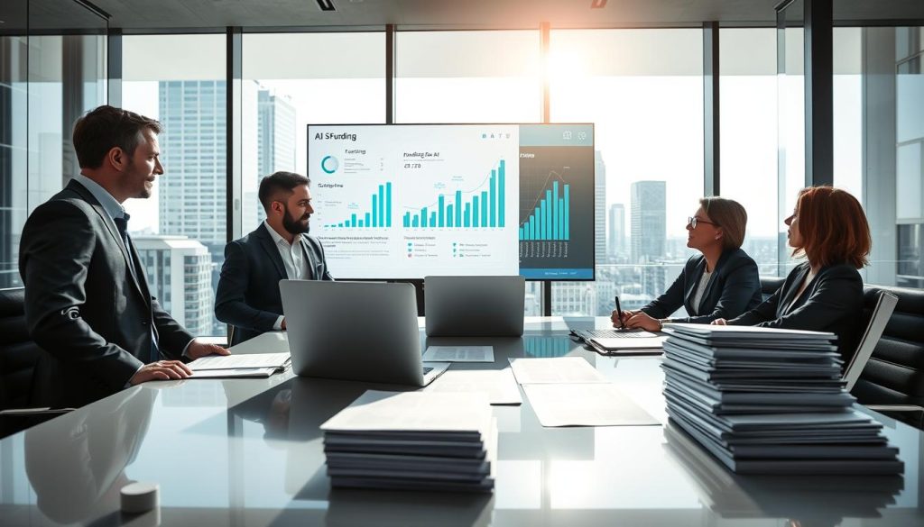 A professional setting focused on an AI startup funding meeting. In the foreground, a diverse group of three business professionals in smart business attire engage in conversation, analyzing a laptop and documents spread on a sleek conference table. The middle ground features a large screen displaying AI graphs and funding strategies, with stacks of funding pitch decks nearby. The background includes glass windows showcasing a modern cityscape, flooded with natural light, enhancing an optimistic atmosphere. The room is well-lit, conveying a sense of focus and ambition. Use a wide-angle perspective to capture the collaborative energy and purposeful discussions, highlighting the determination to master fundraising challenges in the AI landscape.