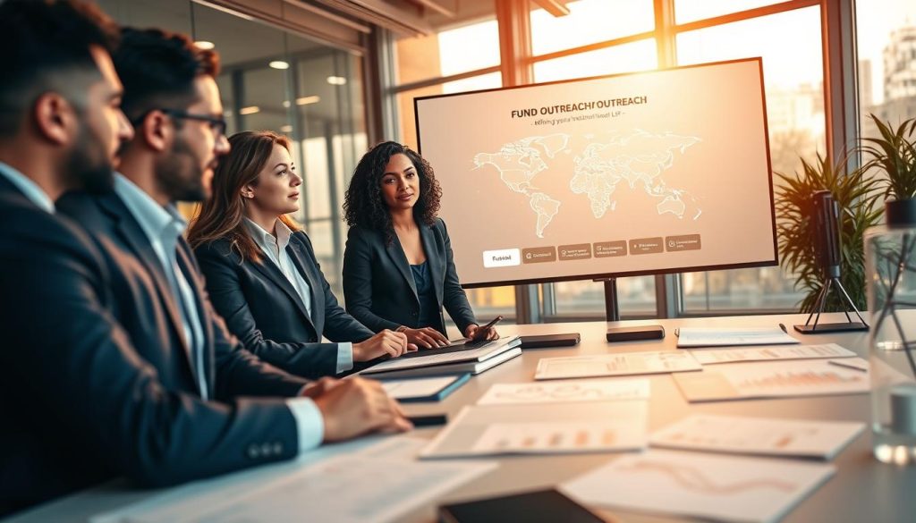 A professional setting illustrating the "Fund Outreach Process." In the foreground, a diverse group of three business professionals in smart attire engaged in a discussion around a large table filled with documents and digital devices, showcasing graphs and charts. In the middle ground, a large screen displays an animated presentation on the importance of outreach, symbolizing global connections with a world map outlined with various investment icons. The background features a modern office environment with floor-to-ceiling windows letting in warm, natural light, creating a bright and inviting atmosphere. The overall mood is focused and collaborative, illustrating the significance of defining institutional LP outreach in the finance sector. The image should be well-composed with a slight depth of field to emphasize the professionals while softening the background.
