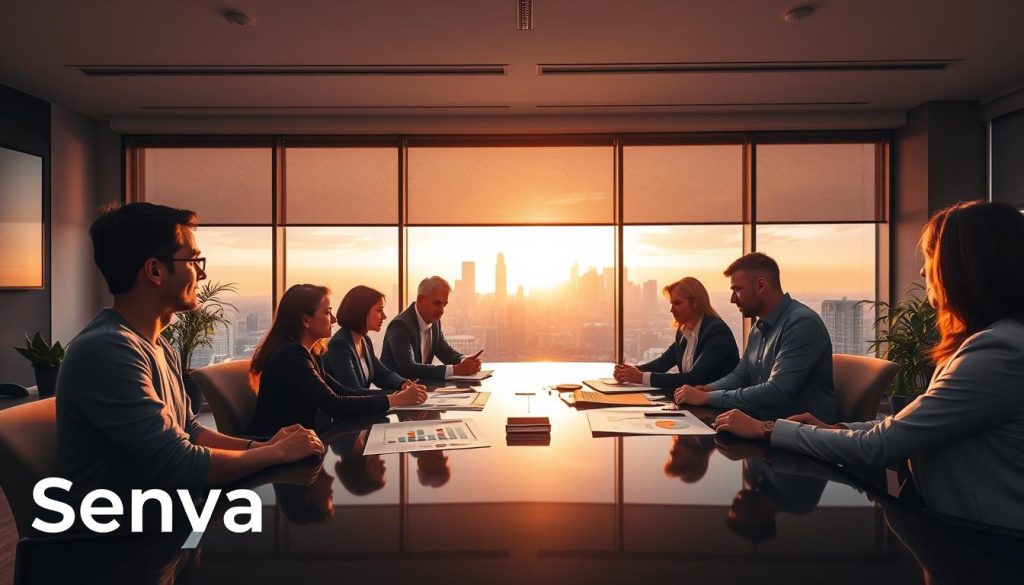 A professional setting showcasing "Senya Solutions" as a strategic capital-process partner in fundraising efforts. In the foreground, a diverse group of professionals, dressed in business attire, actively engaging in a discussion around a sleek conference table, with charts and financial documents spread out. In the middle ground, a panoramic window displays a modern city skyline, bathed in soft, warm lighting from a setting sun, creating a professional yet inviting atmosphere. The background features subtle greenery and contemporary office design elements, enhancing the sense of collaboration and innovation. The overall mood is focused and optimistic, emphasizing teamwork and strategic planning in capital fundraising.