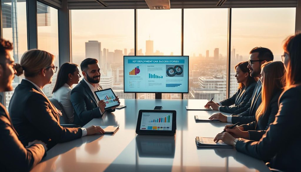 A professional setting showcasing a diverse group of business professionals, all dressed in business attire, gathered around a sleek conference table. In the foreground, one individual enthusiastically presents a digital tablet displaying colorful graphs and IoT diagrams, while others attentively listen, taking notes. The middle ground features a large screen showing an infographic that illustrates IoT deployment success stories, emphasizing growth and innovation. In the background, large windows provide a panoramic view of a city skyline, bathed in warm afternoon light, creating an optimistic atmosphere. Soft shadows enhance the depth of the scene, conveying a serious yet hopeful mood focused on developing a compelling investor narrative.