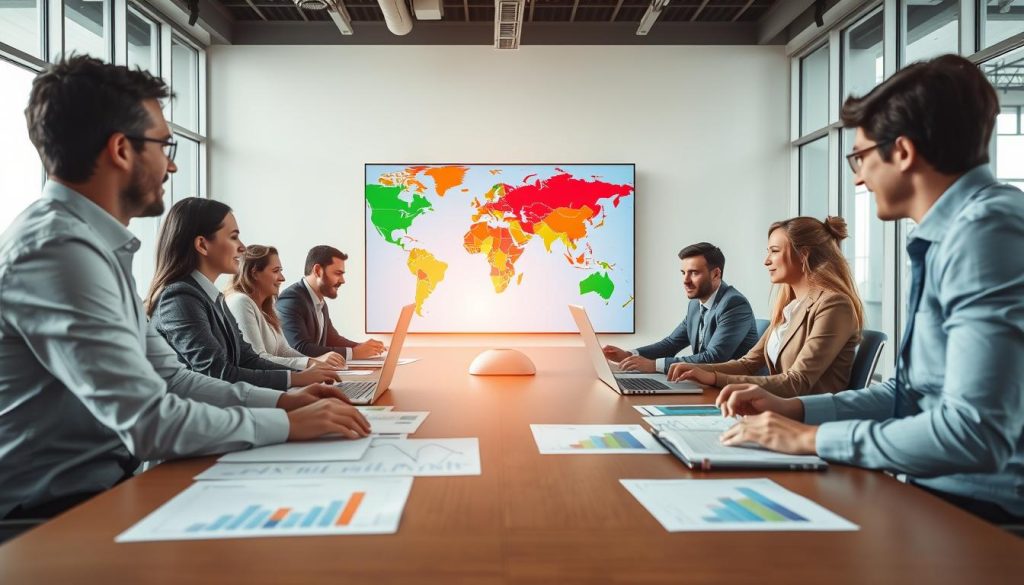 A professional setting showcasing a diverse group of individuals in smart business attire engaged in a strategic discussion around a large conference table. The foreground features charts and graphs displaying capital readiness metrics, while laptops and documents are scattered across the table. In the middle ground, a digital screen displays a vibrant world map with highlighted regions indicating potential investment areas. The background is a modern office with large windows letting in soft, natural daylight, creating a bright and optimistic atmosphere. The angle is slightly tilted from above to capture the dynamics of the group while emphasizing collaboration and readiness for international capital conversations. A professional setting showcasing a diverse group of individuals in smart business attire engaged in a strategic discussion around a large conference table. The foreground features charts and graphs displaying capital readiness metrics, while laptops and documents are scattered across the table. In the middle ground, a digital screen displays a vibrant world map with highlighted regions indicating potential investment areas. The background is a modern office with large windows letting in soft, natural daylight, creating a bright and optimistic atmosphere. The angle is slightly tilted from above to capture the dynamics of the group while emphasizing collaboration and readiness for international capital conversations.