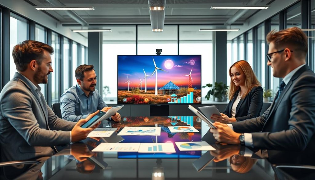 A professional setting showcasing a diverse group of investors and entrepreneurs engaging in discussions about energy startup funding. In the foreground, a diverse group of business people—two men and two women, all in professional attire—are gathered around a modern conference table, reviewing charts and graphs on digital devices. In the middle, a large screen displays vibrant visuals of renewable energy projects, such as solar panels and wind turbines, symbolizing various investment opportunities. The background features a sleek, contemporary office space with floor-to-ceiling windows, allowing natural light to flood in. The atmosphere is dynamic and collaborative, conveying a sense of optimism and innovation in the energy sector. Shot with a wide-angle lens to capture the engaging interaction among participants.