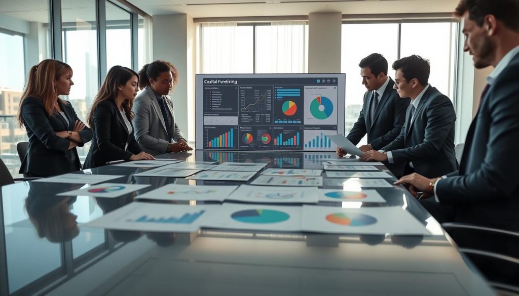 A professional setting that illustrates a capital funding strategy. In the foreground, a diverse group of business professionals in smart attire, closely examining various charts and financial documents spread across a sleek, glossy conference table. In the middle, a large digital display showcasing key performance indicators, funding graphs, and pie charts representing various funding sources. The background features a modern office with large windows, letting in natural light that creates a bright, energetic atmosphere. Soft shadows are cast on the walls, enhancing depth. The lens captures the scene at a slight angle, giving a dynamic perspective. The overall mood is focused and determined, reflecting clarity and control essential for a bankable funding plan. No text or watermarks present.