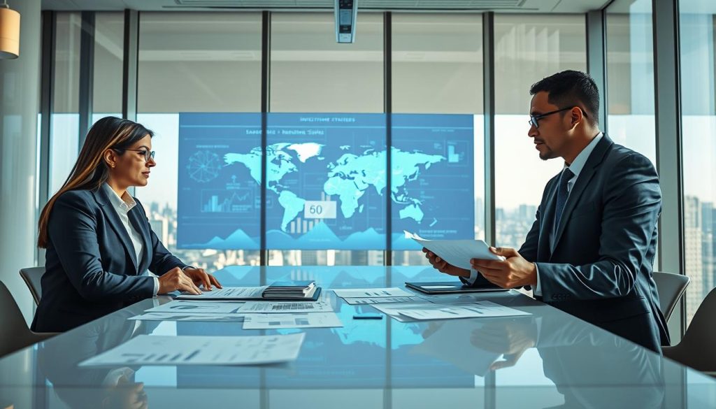 A professional, well-lit office environment featuring two business professionals engaged in a discussion about investment strategies. In the foreground, a diverse male and female professional, both dressed in smart business attire, are analyzing documents and charts spread across a sleek conference table. The middle ground showcases a digital projection of complex financial graphs and figures, indicating data analysis, with a global map subtly visible to reflect international investments. The background reveals tall windows with a panoramic cityscape, allowing natural light to filter in, creating an atmosphere of clarity and professionalism. The overall mood is focused and purposeful, embodying the essence of navigating the institutional investment process with clarity. The angle should be slightly above eye level, capturing both the individuals and the visual aids effectively.