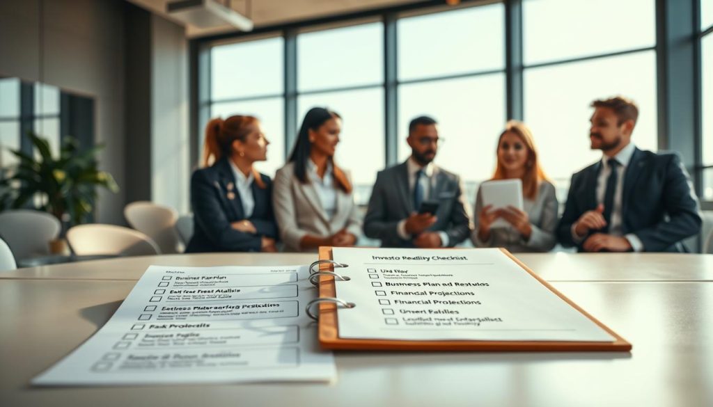 A professional workspace featuring an investor readiness checklist prominently displayed on a sleek, modern desk. In the foreground, a well-organized checklist, illustrated with key components such as "Business Plan," "Market Analysis," and "Financial Projections," presented on a clipboard with clean lines. In the middle ground, a focused team of diverse entrepreneurs in professional business attire discussing strategies, with expressions of determination and collaboration. The background features a large window allowing natural light to flood the room, casting soft shadows. The atmosphere is dynamic yet serious, conveying a sense of preparation and urgency. The lens captures the scene from an eye-level angle, providing an intimate look at the entrepreneurs’ engagement. The overall color palette is warm and inviting, emphasizing a professional atmosphere.