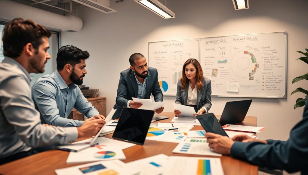 A professional workspace setting, focused on crafting compelling pitch materials for investors. In the foreground, a diverse group of business professionals—two men and a woman—are deeply engaged in discussion, surrounded by laptops, notepads, and colorful charts. They are dressed in smart business attire, showcasing determination and collaboration. The middle ground features a large table covered with printed presentations and design mock-ups. In the background, a whiteboard displays strategic notes and diagrams, with soft overhead lighting that creates a warm, collaborative atmosphere. The angle is slightly tilted to emphasize the interaction between team members, capturing a moment of brainstorming that reflects focus and creativity in preparing focused pitch materials. The overall mood conveys professionalism, innovation, and teamwork, ideal for attracting investor attention.
