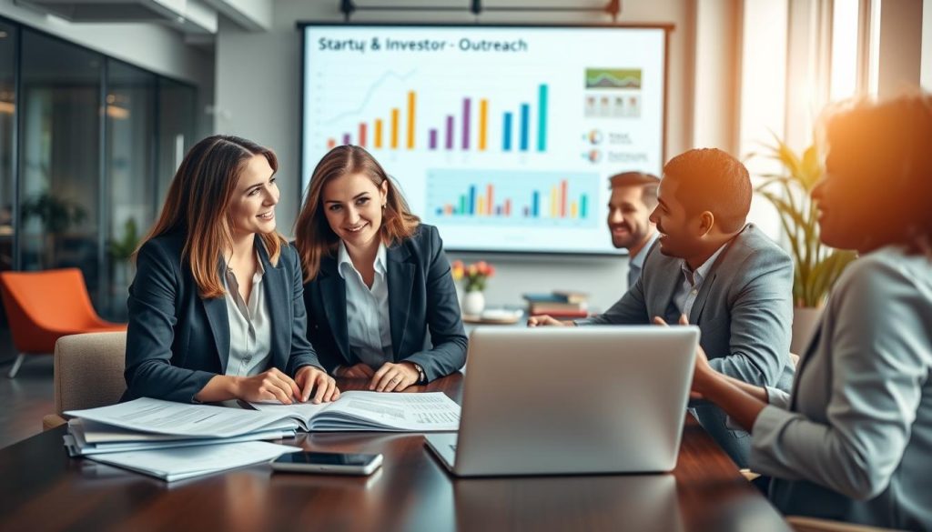 A serene office environment where a diverse group of professional individuals collaborates over startup funding strategies. In the foreground, two business people—one woman in a smart blazer and one man in a tailored suit—are engaged in a focused discussion with financial documents and a laptop open on the table. The middle layer features a digital projection screen displaying colorful graphs and charts representing growth and investor outreach, while the background showcases modern office decor with large windows letting in soft, natural light, creating a warm and inviting atmosphere. The camera angle is slightly elevated, capturing the dynamic energy of teamwork and innovation, with soft focus on the background elements to emphasize the central conversation and the essence of personalized funding approaches. A serene office environment where a diverse group of professional individuals collaborates over startup funding strategies. In the foreground, two business people—one woman in a smart blazer and one man in a tailored suit—are engaged in a focused discussion with financial documents and a laptop open on the table. The middle layer features a digital projection screen displaying colorful graphs and charts representing growth and investor outreach, while the background showcases modern office decor with large windows letting in soft, natural light, creating a warm and inviting atmosphere. The camera angle is slightly elevated, capturing the dynamic energy of teamwork and innovation, with soft focus on the background elements to emphasize the central conversation and the essence of personalized funding approaches.