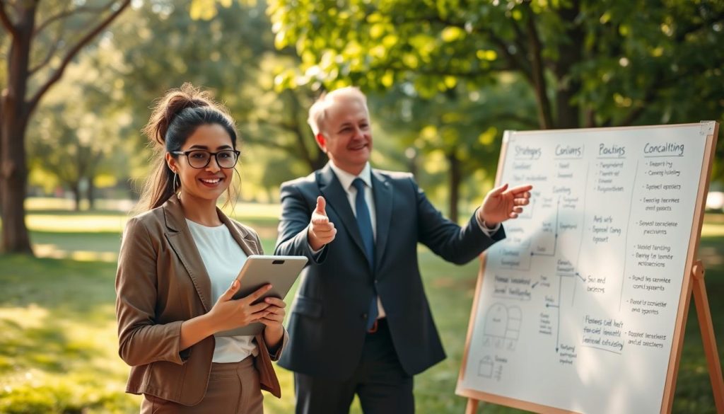 A serene outdoor workspace depicting a diverse group of three professionals engaged in a brainstorming session. In the foreground, a woman in a smart-casual outfit, holding a tablet, appears focused and confident. In the middle ground, a man in a business suit gestures enthusiastically while pointing at a whiteboard filled with strategies and goals. The background features a lush green park with soft sunlight filtering through the trees, creating a warm and inviting atmosphere. The scene conveys a sense of collaboration and resilience, showcasing the importance of adaptive thinking amidst challenges. Soft, natural lighting enhances the mood, while a slightly elevated angle captures the dynamic interaction between the individuals. A serene outdoor workspace depicting a diverse group of three professionals engaged in a brainstorming session. In the foreground, a woman in a smart-casual outfit, holding a tablet, appears focused and confident. In the middle ground, a man in a business suit gestures enthusiastically while pointing at a whiteboard filled with strategies and goals. The background features a lush green park with soft sunlight filtering through the trees, creating a warm and inviting atmosphere. The scene conveys a sense of collaboration and resilience, showcasing the importance of adaptive thinking amidst challenges. Soft, natural lighting enhances the mood, while a slightly elevated angle captures the dynamic interaction between the individuals.