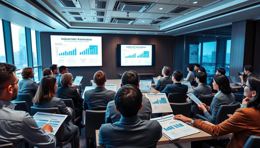A sleek, modern conference room setting filled with professionals engaged in a pitch meeting. In the foreground, a diverse group of individuals in professional business attire presents dynamic pitch materials, including digital slides and printed documents showcasing graphs and charts related to industrial automation. The middle ground features a polished presentation screen displaying key information, with bright overhead lighting illuminating the room. In the background, floor-to-ceiling windows offer a view of a city skyline, suggesting a thriving business environment. The atmosphere is focused and ambitious, with a sense of collaboration and innovation. The colors are vibrant yet sophisticated, with a mix of blues and greys, evoking professionalism and clarity. A sleek, modern conference room setting filled with professionals engaged in a pitch meeting. In the foreground, a diverse group of individuals in professional business attire presents dynamic pitch materials, including digital slides and printed documents showcasing graphs and charts related to industrial automation. The middle ground features a polished presentation screen displaying key information, with bright overhead lighting illuminating the room. In the background, floor-to-ceiling windows offer a view of a city skyline, suggesting a thriving business environment. The atmosphere is focused and ambitious, with a sense of collaboration and innovation. The colors are vibrant yet sophisticated, with a mix of blues and greys, evoking professionalism and clarity.