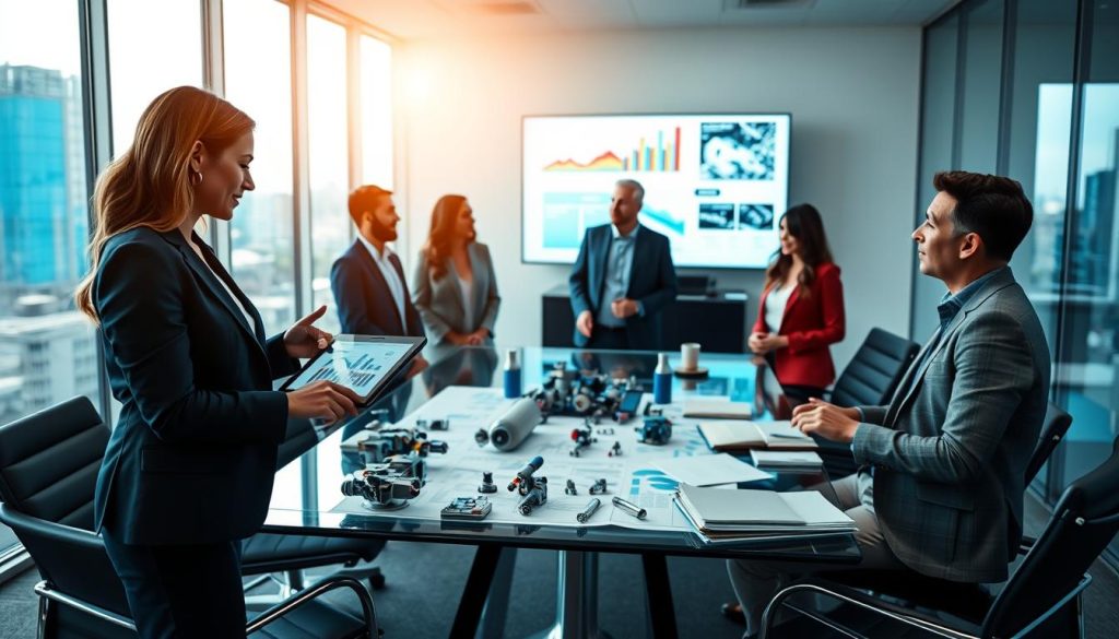 A sleek, modern conference room showcases a diverse group of five professionals engaged in a discussion about industrial automation fundraising strategies. In the foreground, a woman in a smart business suit gestures towards a digital tablet displaying graphs and charts. The middle ground features a large glass table filled with blueprints, automated machinery models, and notebooks, while a wall-mounted screen shows a dynamic presentation. In the background, large windows let in bright, natural light, casting a warm but professional atmosphere. The setting is well-organized, reflecting the high-stakes world of investment and technology. The image captures a sense of collaboration and innovation, with an emphasis on professionalism and strategic planning. A sleek, modern conference room showcases a diverse group of five professionals engaged in a discussion about industrial automation fundraising strategies. In the foreground, a woman in a smart business suit gestures towards a digital tablet displaying graphs and charts. The middle ground features a large glass table filled with blueprints, automated machinery models, and notebooks, while a wall-mounted screen shows a dynamic presentation. In the background, large windows let in bright, natural light, casting a warm but professional atmosphere. The setting is well-organized, reflecting the high-stakes world of investment and technology. The image captures a sense of collaboration and innovation, with an emphasis on professionalism and strategic planning.