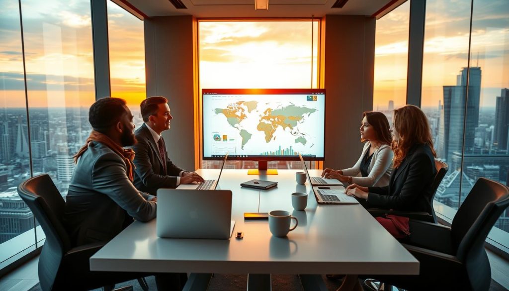 A sophisticated business meeting scene set in a modern conference room overlooking a city skyline. In the foreground, a diverse group of five professionals in business attire — two men and three women — are engaged in a discussion, analyzing charts and global market trends on a digital screen. In the middle ground, a sleek table is filled with laptops, documents, and coffee cups, indicating an intense brainstorming session. The background showcases large windows with a vibrant sunset casting warm, golden light through the room, creating a collaborative atmosphere. The image conveys a sense of ambition, connectivity, and global networking, emphasizing the importance of leveraging international investor relationships for startup fundraising success. The scene is captured with a wide-angle lens, enhancing the dynamic engagement among the participants. A sophisticated business meeting scene set in a modern conference room overlooking a city skyline. In the foreground, a diverse group of five professionals in business attire — two men and three women — are engaged in a discussion, analyzing charts and global market trends on a digital screen. In the middle ground, a sleek table is filled with laptops, documents, and coffee cups, indicating an intense brainstorming session. The background showcases large windows with a vibrant sunset casting warm, golden light through the room, creating a collaborative atmosphere. The image conveys a sense of ambition, connectivity, and global networking, emphasizing the importance of leveraging international investor relationships for startup fundraising success. The scene is captured with a wide-angle lens, enhancing the dynamic engagement among the participants.