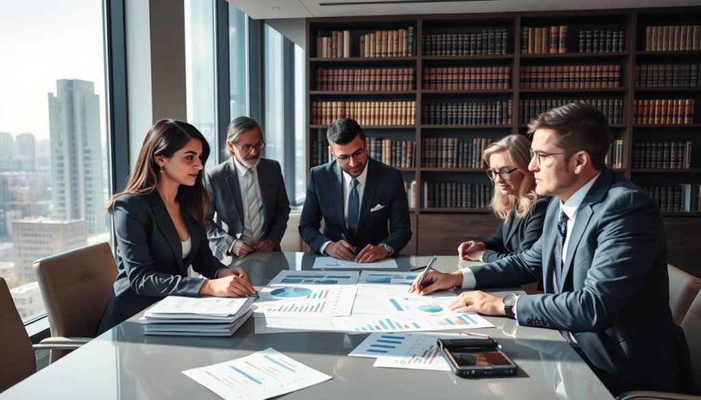 A sophisticated office environment showcasing a diverse group of professionals engaged in discussions about family office investments. In the foreground, a well-dressed woman and a man in business attire are analyzing charts and financial documents spread across a modern conference table, their expressions focused and collaborative. The middle ground features a large window with cityscape views, allowing natural light to stream in, enhancing the atmosphere of insight and strategy. In the background, a bookshelf filled with investment books and accolades symbolizes knowledge and expertise in finance. The image should convey an atmosphere of professionalism and engagement, with clean lines and a balanced composition, evoking a sense of partnership and ambition within the family office investment landscape.
