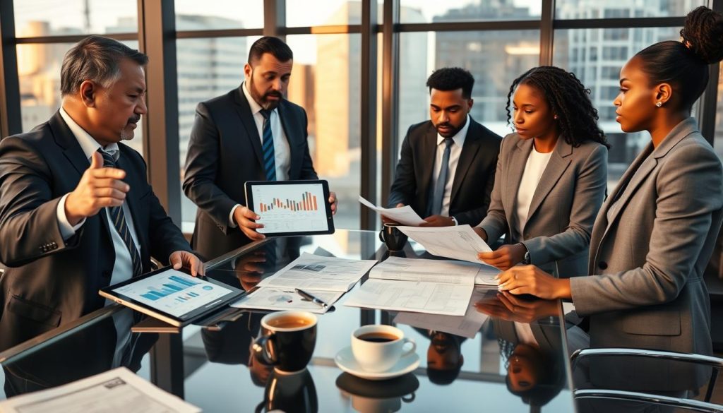 A sophisticated office environment where a diverse group of professionals, including a wealth manager and several capital partners, engage in a strategic discussion. In the foreground, a middle-aged South Asian man in a sharp navy suit gestures passionately, pointing at a digital tablet showcasing financial graphs. Beside him, a young Black woman in a sleek grey blazer takes notes, her expression attentive. The middle ground features a glass conference table with detailed reports and coffee cups, surrounded by large windows letting in warm, natural light. In the background, modern cityscape elements are visible, adding depth. The overall mood is focused and collaborative, with an atmosphere of professionalism and ambition, captured with a slight depth of field to draw attention to the team’s dynamic.