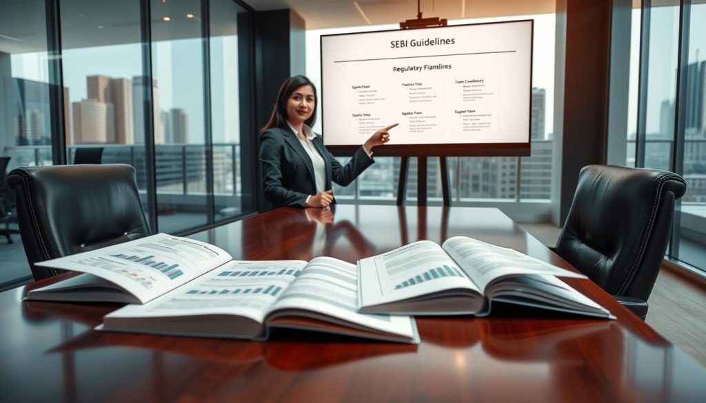 A sophisticated office setting designed to depict the key regulatory framework and SEBI guidelines. In the foreground, a polished wooden desk with open documents showcasing charts and graphs related to investment regulations, surrounded by elegant black leather chairs. In the middle, a confident South Asian businesswoman, dressed in professional business attire, points to a presentation on a sleek digital screen displaying key regulatory elements. The background includes a modern glass wall with city skyline views, creating a sense of urban professionalism. Soft, warm lighting enhances the serious atmosphere, while a slightly angled view adds depth to the composition, inviting viewers to explore the essence of regulation and compliance in the financial sector.