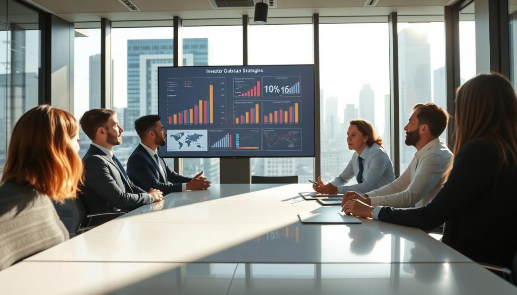 A vibrant and dynamic office environment illustrating "Mastering Investor Outreach Tactics." In the foreground, a diverse group of three professionals engaged in a focused discussion around a sleek conference table, dressed in business attire. The middle layer features a digital screen displaying graphs and charts related to investor outreach strategies, capturing the essence of networking success. In the background, large windows reveal a bustling cityscape, bathing the scene in natural light that creates a lively and optimistic atmosphere. The overall mood should convey collaboration, professionalism, and strategic growth. The composition is balanced, with a slight focus on the conversational group in the foreground, enhanced by soft lighting to highlight their engaged expressions and the details of the room.