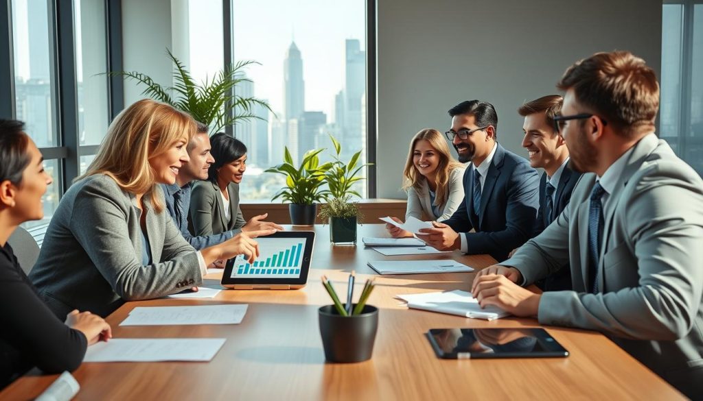 A vibrant business meeting in a modern conference room, focusing on a diverse group of professional individuals in business attire engaged in animated discussion around a large table. In the foreground, a middle-aged woman points at a digital tablet showing financial graphs, while a young man takes notes. In the middle ground, a tall window displays a city skyline, with plants adding a touch of greenery to the environment. The lighting is bright and natural, streaming in from the windows, creating a positive and energetic atmosphere. The image conveys collaboration, innovation, and the search for the right capital partners, with a focus on professionalism and strategic dialogue. A vibrant business meeting in a modern conference room, focusing on a diverse group of professional individuals in business attire engaged in animated discussion around a large table. In the foreground, a middle-aged woman points at a digital tablet showing financial graphs, while a young man takes notes. In the middle ground, a tall window displays a city skyline, with plants adding a touch of greenery to the environment. The lighting is bright and natural, streaming in from the windows, creating a positive and energetic atmosphere. The image conveys collaboration, innovation, and the search for the right capital partners, with a focus on professionalism and strategic dialogue.