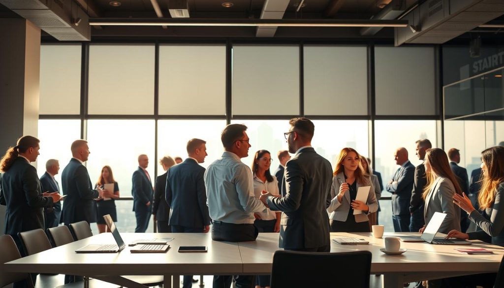 A vibrant business networking scene set in a modern, stylish conference room. In the foreground, a diverse group of professionals in business attire are engaged in lively discussions, some shaking hands and exchanging business cards. In the middle ground, a large window reveals a city skyline, symbolizing growth and opportunity. Soft, natural light streams in, enhancing the atmosphere of collaboration and connection. The background features a sleek modern table filled with laptops and coffee cups, emphasizing a productive environment. Capture this moment from a slightly elevated angle to encompass both the interactions and the inspiring backdrop, conveying a sense of optimism and partnership in the startup funding landscape. A vibrant business networking scene set in a modern, stylish conference room. In the foreground, a diverse group of professionals in business attire are engaged in lively discussions, some shaking hands and exchanging business cards. In the middle ground, a large window reveals a city skyline, symbolizing growth and opportunity. Soft, natural light streams in, enhancing the atmosphere of collaboration and connection. The background features a sleek modern table filled with laptops and coffee cups, emphasizing a productive environment. Capture this moment from a slightly elevated angle to encompass both the interactions and the inspiring backdrop, conveying a sense of optimism and partnership in the startup funding landscape.