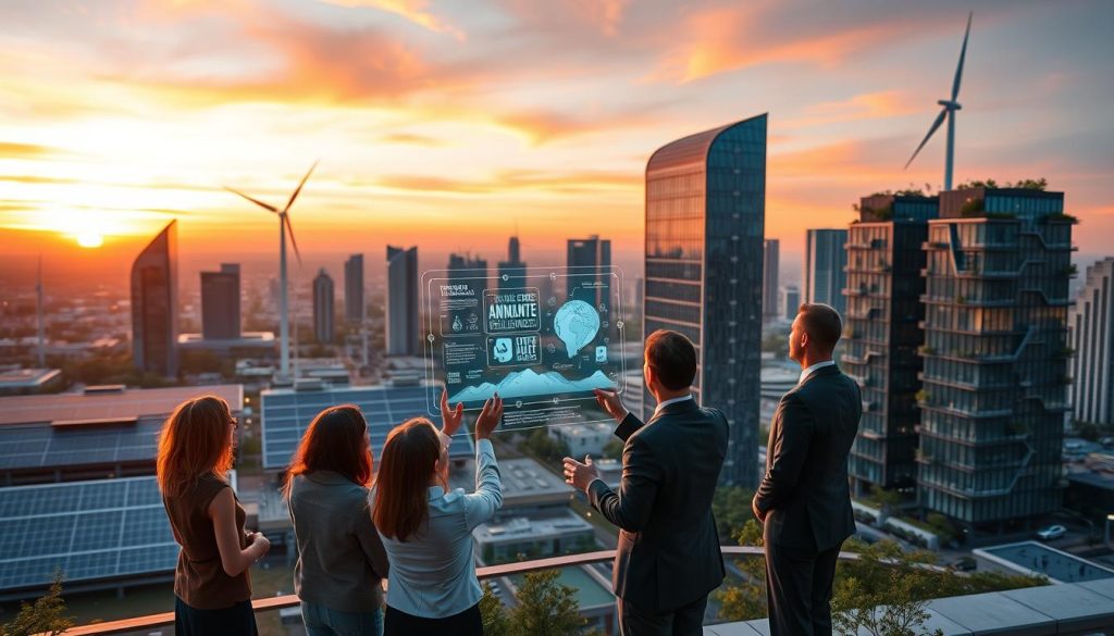 Futuristic cityscape with renewable energy representing climate tech sectors