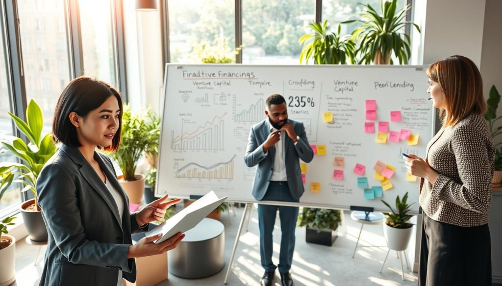 A vibrant, modern office space filled with diverse professionals discussing innovative financing methods for startups. In the foreground, a group of three individuals in professional business attire: a woman of Asian descent with short hair presenting on a digital tablet, a Black man analyzing financial data on a laptop, and a Caucasian woman brainstorming with sticky notes. The middle ground showcases a large whiteboard filled with graphs and charts, illustrating concepts like crowdfunding, venture capital, and peer-to-peer lending. In the background, sunlight streams through large windows, casting a warm glow, and potted plants add a touch of greenery, creating an energetic and collaborative atmosphere. The camera angle is slightly overhead, emphasizing teamwork and creativity without any text or distractions in the image.
