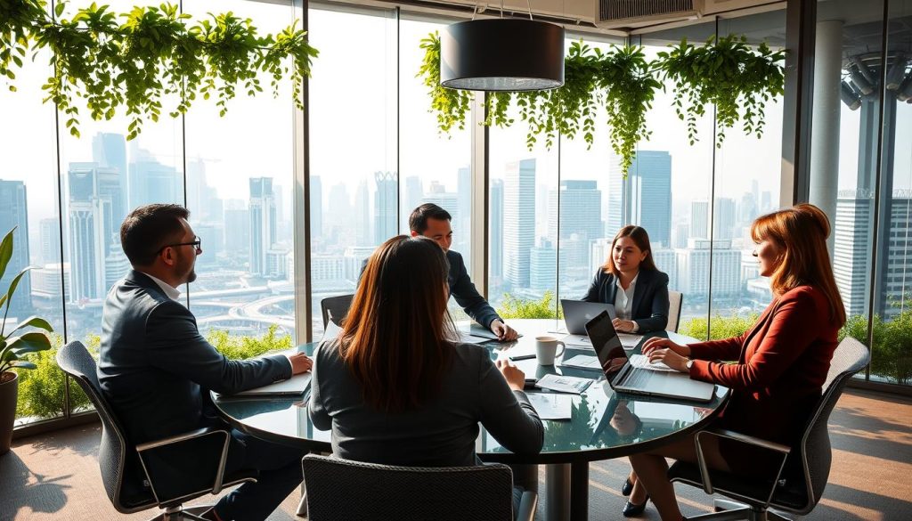 A vibrant scene depicting a modern Singapore startup fundraising meeting in a sleek office environment. In the foreground, a diverse group of three professionals, dressed in smart business attire, are engaged in a discussion around a large conference table filled with laptops, charts, and financial documents. The middle ground showcases glass walls adorned with greenery, highlighting a city skyline view that includes iconic Singaporean architecture. The warm, natural light filters through the windows, creating a bright and inviting atmosphere. Soft shadows enhance the professionalism of the scene, while the angle captures both the participants' expressions and the bustling urban backdrop, conveying a mood of collaboration and innovation in the fundraising process. A vibrant scene depicting a modern Singapore startup fundraising meeting in a sleek office environment. In the foreground, a diverse group of three professionals, dressed in smart business attire, are engaged in a discussion around a large conference table filled with laptops, charts, and financial documents. The middle ground showcases glass walls adorned with greenery, highlighting a city skyline view that includes iconic Singaporean architecture. The warm, natural light filters through the windows, creating a bright and inviting atmosphere. Soft shadows enhance the professionalism of the scene, while the angle captures both the participants' expressions and the bustling urban backdrop, conveying a mood of collaboration and innovation in the fundraising process.