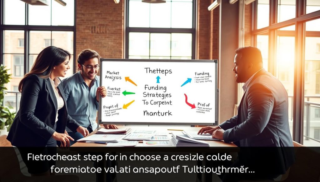 A visually compelling illustration of the steps to craft a persuasive startup valuation narrative. In the foreground, a diverse group of three professionals—one woman in a formal business suit, a man in a smart casual shirt, and another man in a tailored blazer—are engaged in an animated discussion around a table covered with financial documents and charts. In the middle, a whiteboard displays key steps like "Market Analysis," "Funding Strategies," and "Proof of Concept," with colorful arrows flowing between them. The background features a modern office environment with large windows letting in warm, natural light, adding a sense of optimism and focus. The mood is collaborative and innovative, with an emphasis on professionalism and determination. A visually compelling illustration of the steps to craft a persuasive startup valuation narrative. In the foreground, a diverse group of three professionals—one woman in a formal business suit, a man in a smart casual shirt, and another man in a tailored blazer—are engaged in an animated discussion around a table covered with financial documents and charts. In the middle, a whiteboard displays key steps like "Market Analysis," "Funding Strategies," and "Proof of Concept," with colorful arrows flowing between them. The background features a modern office environment with large windows letting in warm, natural light, adding a sense of optimism and focus. The mood is collaborative and innovative, with an emphasis on professionalism and determination.