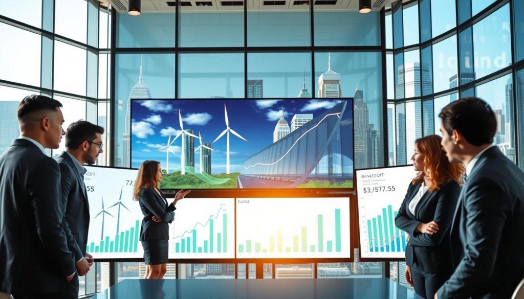 A visually compelling scene depicting the clean energy investment climate, featuring a modern office environment at the forefront. In the foreground, a diverse group of professionals in business attire are engaged in a dynamic discussion over charts and graphs, illustrating rising trends in renewable energy investments. The middle ground displays large digital screens showcasing wind turbines, solar panels, and financial graphs reflecting upward investment trends. In the background, large glass windows reveal a vibrant city skyline, symbolizing innovation and progress. The lighting is bright and natural, conveying optimism and a forward-looking atmosphere, with reflections from the city illuminating the space. Use a wide-angle lens to capture the depth of the scene.