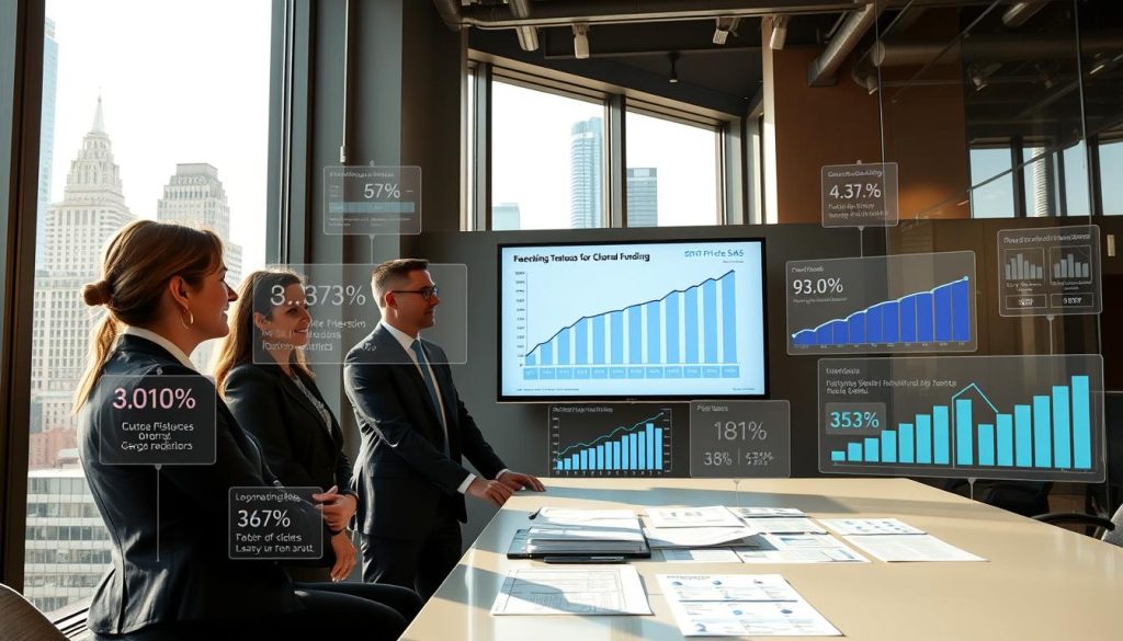 A visually engaging and informative representation of recent VC funding trends in the enterprise SaaS sector. In the foreground, a diverse group of four professionals in smart business attire are engaged in a discussion, surrounded by various digital charts and graphs depicting funding metrics and growth statistics. The middle layer features a modern conference room with a large screen displaying upward-trending investment data, while documentation related to pitch decks and funding proposals are spread across a sleek table. The background includes tall windows showcasing a bustling city skyline under natural sunlight, creating a vibrant atmosphere. The scene is well-lit, with an emphasis on clarity and professionalism, evoking a sense of optimism and collaboration in the fast-evolving tech landscape.