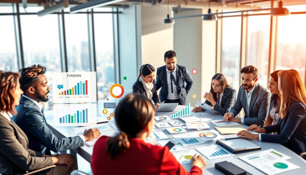 A visually engaging illustration depicting the diverse funding stages and strategies for startups. In the foreground, a diverse group of business professionals (Caucasian, Black, Asian, Hispanic) in professional attire, showing a mix of genders, engaged in animated discussions around a large table filled with documents and charts. In the middle ground, infographics displaying various funding stages (seed, series A, B, C) and strategies (e.g., venture capital, crowdfunding, angel investors) are illustrated as colorful, interconnected nodes. The background features a modern office space with large windows, bright natural light flooding in, and a city skyline visible outside, promoting a sense of ambition and growth. The atmosphere is dynamic and collaborative, emphasizing innovation and entrepreneurship. The image should have a slight depth of field to draw attention to the foreground professionals while keeping the details interesting.