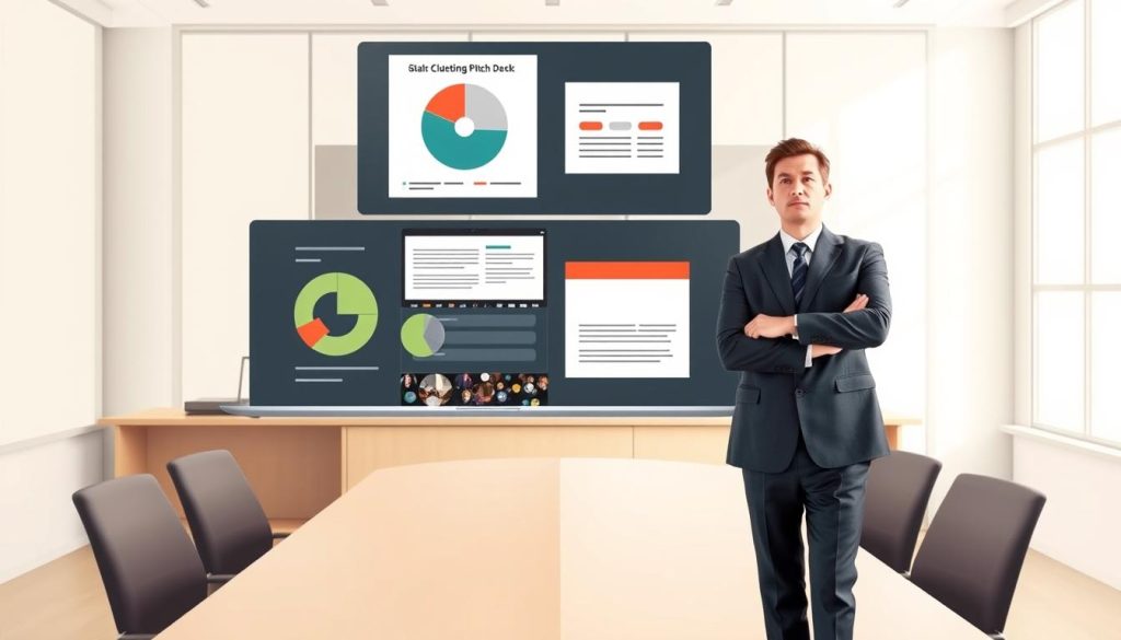 A visually engaging illustration of common pitfalls in a pitch deck, featuring a divided composition. In the foreground, a business professional in a crisp suit, standing with a laptop displaying a cluttered and ineffective pitch deck, looking perplexed. The middle layer shows various elements symbolizing pitfalls: a pie chart with misleading data, a cluttered slide with too much text, and a lack of clear visuals. The background presents a formal meeting room, softly lit with natural light filtering through large windows, creating a serious yet educational atmosphere. The image should evoke a sense of urgency for improvement while remaining professional and informative. No text or captions included. A visually engaging illustration of common pitfalls in a pitch deck, featuring a divided composition. In the foreground, a business professional in a crisp suit, standing with a laptop displaying a cluttered and ineffective pitch deck, looking perplexed. The middle layer shows various elements symbolizing pitfalls: a pie chart with misleading data, a cluttered slide with too much text, and a lack of clear visuals. The background presents a formal meeting room, softly lit with natural light filtering through large windows, creating a serious yet educational atmosphere. The image should evoke a sense of urgency for improvement while remaining professional and informative. No text or captions included.