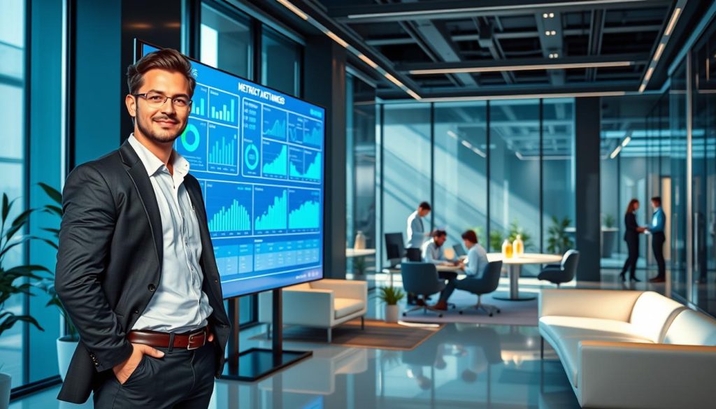 A visually engaging representation of key metrics and milestones that attract investors, set in a sleek and modern office environment. In the foreground, a confident businessperson in professional attire, standing next to a large digital display filled with graphs, charts, and key performance indicators (KPIs). The middle ground includes elegant office furniture, an illuminated brainstorming area, and additional team members collaborating in the background. Soft, natural lighting streams through large windows, creating a productive atmosphere. The overall color scheme is a blend of calming blues and vibrant greens, conveying growth and opportunity. The perspective is slightly elevated, giving a clear view of the metrics on the screen while maintaining a professional and polished feel. The mood is optimistic and focused, highlighting the excitement of attracting investors. A visually engaging representation of key metrics and milestones that attract investors, set in a sleek and modern office environment. In the foreground, a confident businessperson in professional attire, standing next to a large digital display filled with graphs, charts, and key performance indicators (KPIs). The middle ground includes elegant office furniture, an illuminated brainstorming area, and additional team members collaborating in the background. Soft, natural lighting streams through large windows, creating a productive atmosphere. The overall color scheme is a blend of calming blues and vibrant greens, conveying growth and opportunity. The perspective is slightly elevated, giving a clear view of the metrics on the screen while maintaining a professional and polished feel. The mood is optimistic and focused, highlighting the excitement of attracting investors.