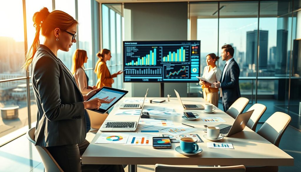 A visually engaging scene depicting a modern workspace where a diverse group of professionals is integrating data-driven insights into their outreach process. In the foreground, a woman in professional business attire analyzes graphs on a digital tablet, while a man in a suit discusses data displayed on a large screen behind them. In the middle ground, a modern conference table is cluttered with colorful charts, laptops, and coffee cups, symbolizing collaboration and creativity. The background features a glass wall showcasing a city skyline, with natural daylight streaming in, creating a bright and optimistic atmosphere. The lighting is warm and inviting, enhancing a mood of innovation and teamwork, emphasizing the importance of data in strategic decision-making.
