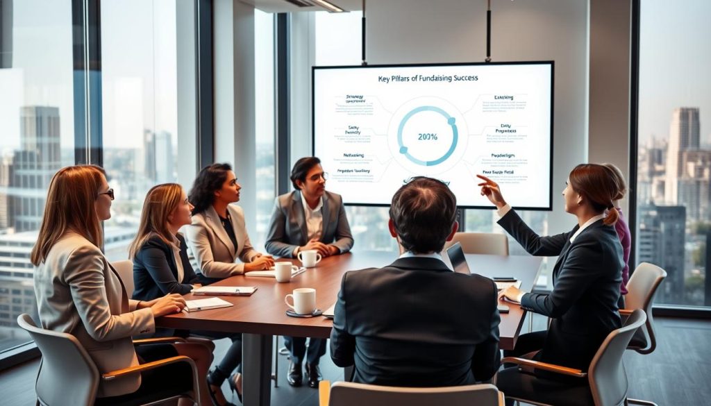 A visually striking representation of the "Key Pillars of Fundraising Success" in a professional setting. In the foreground, a diverse group of business professionals in smart attire are engaged in a collaborative discussion, pointing to a large, elegant infographic on a sleek digital screen that illustrates key concepts like strategy, networking, and preparation. In the middle, a modern conference table is adorned with notebooks, coffee cups, and laptops, emphasizing a productive atmosphere. The background features a well-lit office space with large windows showcasing a city skyline, creating an inspiring ambiance. Soft, warm lighting highlights the engaged expressions of the participants, conveying a sense of focus and determination. The overall mood reflects professionalism and optimism. A visually striking representation of the "Key Pillars of Fundraising Success" in a professional setting. In the foreground, a diverse group of business professionals in smart attire are engaged in a collaborative discussion, pointing to a large, elegant infographic on a sleek digital screen that illustrates key concepts like strategy, networking, and preparation. In the middle, a modern conference table is adorned with notebooks, coffee cups, and laptops, emphasizing a productive atmosphere. The background features a well-lit office space with large windows showcasing a city skyline, creating an inspiring ambiance. Soft, warm lighting highlights the engaged expressions of the participants, conveying a sense of focus and determination. The overall mood reflects professionalism and optimism.