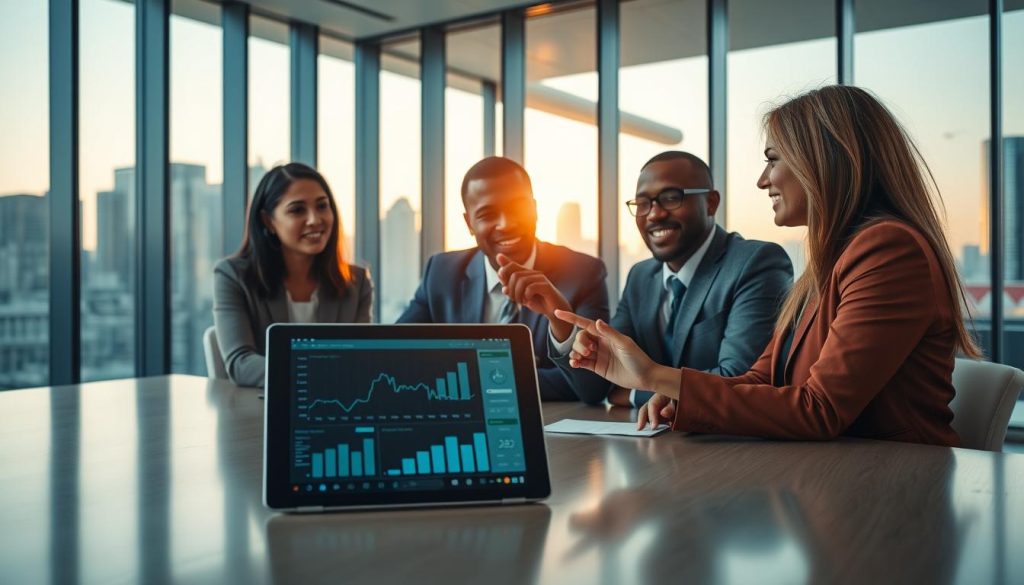 A well-lit, modern office space serves as the backdrop for a diverse group of four professionals gathered around a large table, engaged in a strategic discussion about capital readiness for startups. The foreground features a digital tablet displaying financial metrics and graphs, symbolizing data-driven decision-making. In the middle, the professionals, dressed in professional business attire, display expressions of focus and collaboration, with one person gesturing towards the tablet. The background consists of glass walls revealing a cityscape, illuminated by the golden hour sunlight, creating a warm and inviting atmosphere that emphasizes innovation and optimism. The perspective is slightly elevated, capturing both the individuals and their workspace, with soft shadows enhancing the professional mood. A well-lit, modern office space serves as the backdrop for a diverse group of four professionals gathered around a large table, engaged in a strategic discussion about capital readiness for startups. The foreground features a digital tablet displaying financial metrics and graphs, symbolizing data-driven decision-making. In the middle, the professionals, dressed in professional business attire, display expressions of focus and collaboration, with one person gesturing towards the tablet. The background consists of glass walls revealing a cityscape, illuminated by the golden hour sunlight, creating a warm and inviting atmosphere that emphasizes innovation and optimism. The perspective is slightly elevated, capturing both the individuals and their workspace, with soft shadows enhancing the professional mood.