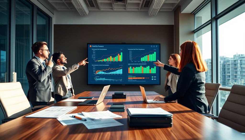 A well-lit office space featuring a diverse group of professionals, two men and two women, engaged in a focused discussion around a modern conference table. In the foreground, a large digital screen displays colorful graphs and charts illustrating key financial metrics and unit economics. The professionals, dressed in smart business attire, are animatedly pointing at the projections, emphasizing clarity and collaboration. In the middle ground, a notepad, laptop, and financial reports are scattered, signifying intensive preparation. The background features large windows allowing natural light to flow in, creating a warm and productive atmosphere. The overall mood conveys professionalism, ambition, and teamwork as these individuals craft compelling narratives around agritech fundraising. Use a wide-angle lens for depth, ensuring the scene feels inclusive and dynamic.