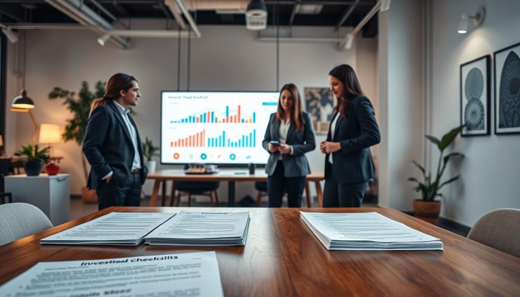 A well-organized investor readiness checklist for startups portrayed as a visually engaging and informative scene. In the foreground, a polished wooden table displays neatly arranged documents with key points highlighted, surrounded by a diverse group of three professionals in smart business attire discussing the checklist. In the middle, a large window allows soft, natural light to fill the room, illuminating flowing charts and graphs on a nearby screen that represent financial metrics and growth potential. The background features a modern office workspace, complete with plants and inspiring art on the walls, conveying a sense of productivity and innovation. The mood is focused yet optimistic, emphasizing readiness and collaboration in preparing for due diligence and investor scrutiny.