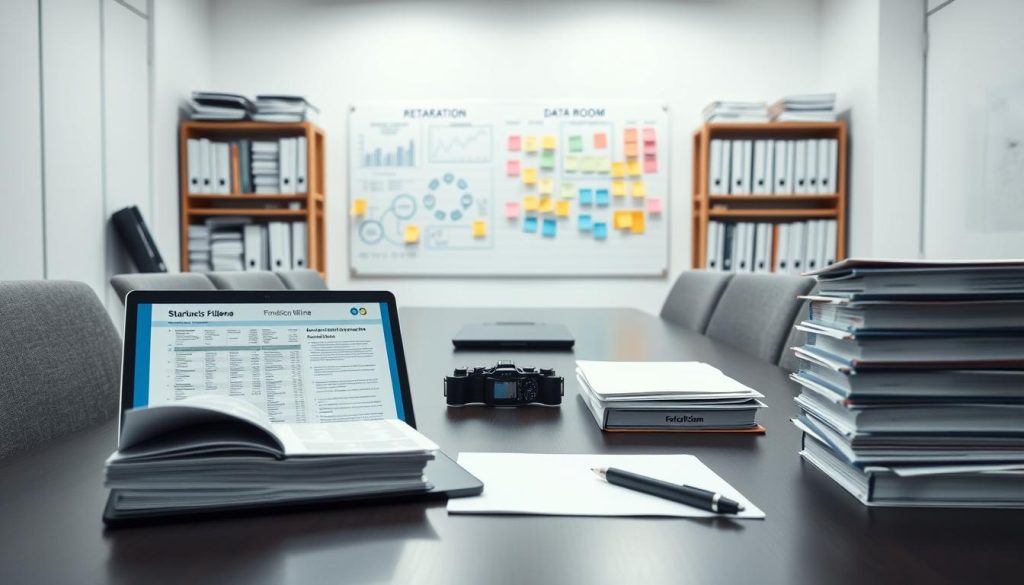 A well-organized startup data room setting, showcasing a modern conference table surrounded by neatly stacked binders labeled with key categories for investor diligence. The foreground features a laptop open to a financial spreadsheet, alongside a notepad and a pen, symbolizing active preparation. In the middle ground, a large whiteboard is filled with strategic diagrams and post-its representing fundraising needs and investor interests. In the background, shelves are lined with organized files and documents, giving a sense of order and professionalism. The scene is brightly lit with soft, diffused lighting to create a focused and inviting atmosphere. Capture the image from a slightly elevated angle, emphasizing the organization and readiness for meetings with potential fundraising partners and investors. A well-organized startup data room setting, showcasing a modern conference table surrounded by neatly stacked binders labeled with key categories for investor diligence. The foreground features a laptop open to a financial spreadsheet, alongside a notepad and a pen, symbolizing active preparation. In the middle ground, a large whiteboard is filled with strategic diagrams and post-its representing fundraising needs and investor interests. In the background, shelves are lined with organized files and documents, giving a sense of order and professionalism. The scene is brightly lit with soft, diffused lighting to create a focused and inviting atmosphere. Capture the image from a slightly elevated angle, emphasizing the organization and readiness for meetings with potential fundraising partners and investors.