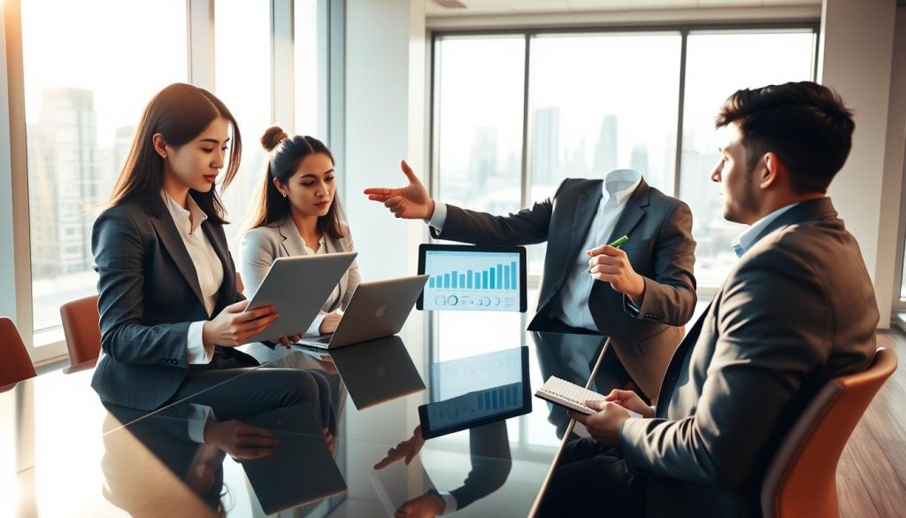 In a bright, modern office space, a diverse group of three professionals sits around a sleek conference table, engaged in focused discussion. In the foreground, a young woman in a tailored suit reviews notes on her laptop, looking determined. To her right, a middle-aged man in business attire gestures passionately, illustrating a point with a digital tablet displaying graphs. The third participant, a young man in smart casual attire, takes notes on a notepad, deep in thought. The background features a large window with natural light streaming in, illuminating a city skyline. The atmosphere is one of anticipation and professionalism, with a hint of excitement as they prepare for their first investor meeting. The image is captured with a warm, inviting tone, using a wide-angle lens to create depth. In a bright, modern office space, a diverse group of three professionals sits around a sleek conference table, engaged in focused discussion. In the foreground, a young woman in a tailored suit reviews notes on her laptop, looking determined. To her right, a middle-aged man in business attire gestures passionately, illustrating a point with a digital tablet displaying graphs. The third participant, a young man in smart casual attire, takes notes on a notepad, deep in thought. The background features a large window with natural light streaming in, illuminating a city skyline. The atmosphere is one of anticipation and professionalism, with a hint of excitement as they prepare for their first investor meeting. The image is captured with a warm, inviting tone, using a wide-angle lens to create depth.