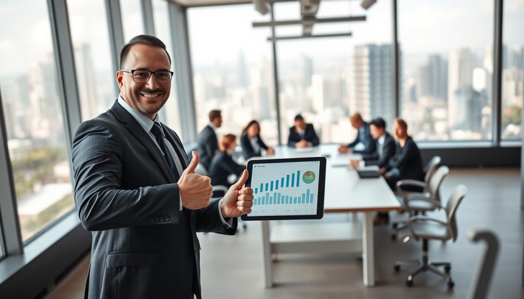 A confident business professional, dressed in a tailored suit, stands in the foreground, showcasing a thumbs-up gesture while reviewing a digital tablet displaying clear, graphical data of successful projects. In the middle ground, a modern office space with a large conference table is occupied by a diverse group of professionals in business attire, engaged in a collaborative discussion, reflecting teamwork and shared goals. In the background, large windows provide a view of a bustling cityscape, symbolizing progress and opportunity. Soft, natural lighting illuminates the scene, creating a warm, inviting atmosphere. The overall mood conveys credibility, trust, and a strong foundation built on proven success. Using a slight upward angle, the scene inspires a sense of upward momentum and professionalism. A confident business professional, dressed in a tailored suit, stands in the foreground, showcasing a thumbs-up gesture while reviewing a digital tablet displaying clear, graphical data of successful projects. In the middle ground, a modern office space with a large conference table is occupied by a diverse group of professionals in business attire, engaged in a collaborative discussion, reflecting teamwork and shared goals. In the background, large windows provide a view of a bustling cityscape, symbolizing progress and opportunity. Soft, natural lighting illuminates the scene, creating a warm, inviting atmosphere. The overall mood conveys credibility, trust, and a strong foundation built on proven success. Using a slight upward angle, the scene inspires a sense of upward momentum and professionalism.