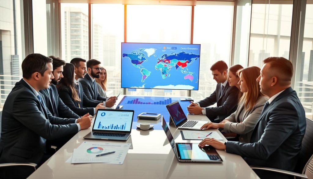 A diverse group of global investors, dressed in professional business attire, gathered around a sleek, modern conference table. They are examining vibrant charts and graphs that illustrate market trends and investment opportunities. The foreground shows focused expressions as they discuss strategies, with laptops and digital tablets displaying data. In the middle ground, a large screen features a dynamic global financial map with highlighted regions, symbolizing emerging markets. Bright, natural light filters through large windows, casting a warm glow on the scene. The background suggests a contemporary office environment with subtle elements of global finance, such as stock tickers and city skylines visible through the glass. The atmosphere is one of collaboration and insight, reflecting a serious yet optimistic mood about investment potential.