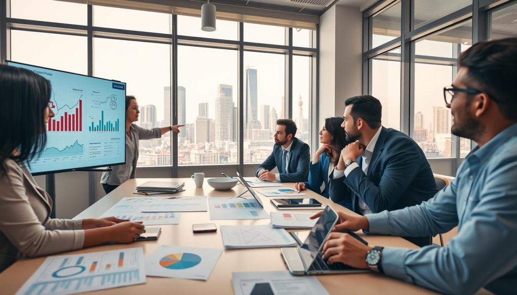 A diverse group of professionals in business attire engaged in a collaborative meeting around a modern conference table filled with charts, financial data, and digital devices. In the foreground, a confident female leader points at a dynamic presentation on a large screen displaying graphs and market opportunities. The middle distance features focused individuals discussing vibrant infographics, reflecting strategic capital readiness. In the background, large windows let in warm natural light, showcasing a bustling city skyline that symbolizes growth and investment potential. The atmosphere is one of determination and innovation, emphasizing teamwork and the excitement of cross-border fundraising opportunities, captured with a wide-angle lens for a sense of depth and engagement.