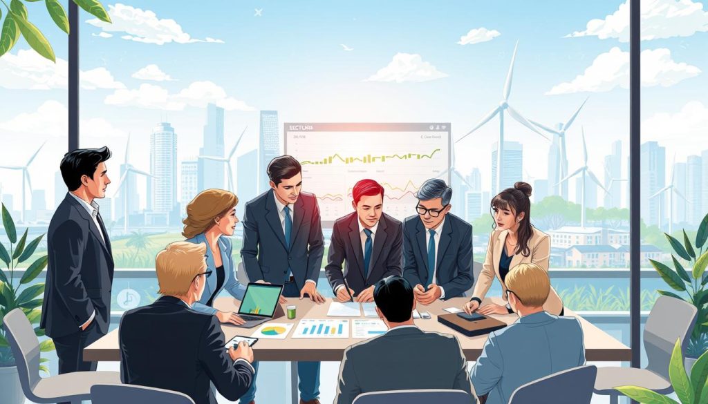 A dynamic and vibrant illustration showcasing high-quality sectors in investment, featuring professional businesspeople engaged in discussions. In the foreground, a diverse group of individuals in sharp business attire are interacting around a table with charts, graphs, and high-tech devices representing sectors like SaaS and climate technology. In the middle ground, a sleek digital interface displays key investment data and sector trends. The background should depict a modern city skyline with eco-friendly buildings and renewable energy sources like wind turbines, symbolizing sustainability. Use natural lighting with a bright, optimistic atmosphere, captured from a slight upward angle to enhance the sense of opportunity and growth. The overall mood should be one of collaboration, innovation, and future potential.