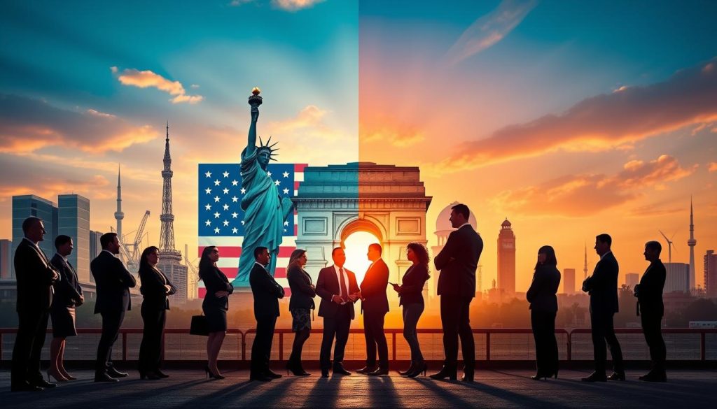 A dynamic and visually striking representation of "Policy Impacts and Regulatory Tailwinds" in a split scene showcasing the US and India. In the foreground, a diverse group of professionals in business attire stands confidently, engaging in conversation about climate tech ventures. The middle section features a blend of iconic architectural landmarks from both countries—like the Statue of Liberty and India Gate—juxtaposed to symbolize collaboration. The background is a vibrant skyline at sunset, casting a warm glow, suggesting optimism and growth in the climate tech sector. Soft lens lighting highlights the figures, creating an uplifting atmosphere that conveys progress and synergy in regulatory frameworks.