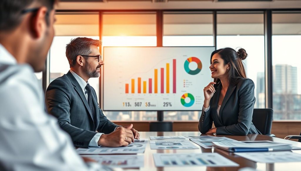 A dynamic boardroom meeting scene depicting two professional businesspeople, one male and one female, engaged in a thoughtful discussion, surrounded by a modern conference table adorned with graphs and financial reports. In the foreground, a focus on their engaged expressions, showcasing collaboration and alignment of investor interests and business objectives. In the middle ground, a large screen displaying a detailed bar graph and pie charts illustrating potential market opportunities. The background features a bright window with a city skyline view, symbolizing growth and ambition, with warm, natural lighting that creates an optimistic atmosphere. The characters are dressed in smart business attire, conveying professionalism and seriousness. The overall mood is one of strategic planning and partnership.