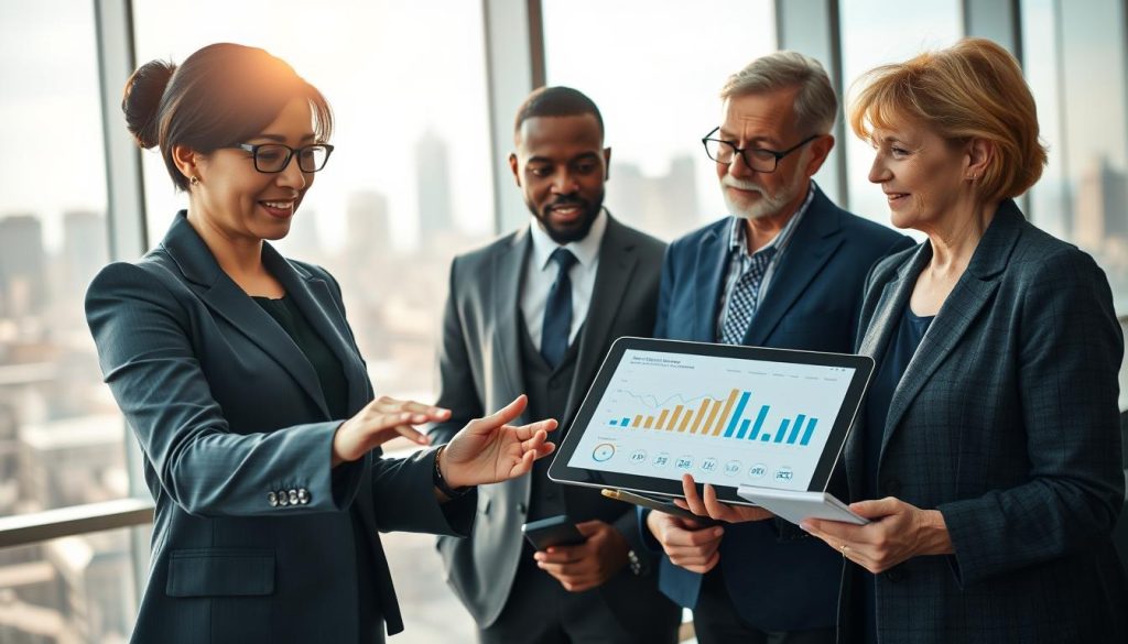 A dynamic meeting scene in a modern office, focused on a diverse group of three professionals engaged in a discussion about startup investments. In the foreground, a middle-aged woman of Asian descent, dressed in smart business attire, gestures towards a digital tablet displaying graphs and metrics. The middle section features a young Black man, in a tailored suit, leaning forward with an attentive expression, while an older Caucasian woman, in a stylish blazer, takes notes on a legal pad. The background displays a large window with a city skyline, bathed in warm, natural daylight, conveying a sense of opportunity and innovation. The atmosphere is collaborative and focused, with a subtle lens flare effect for added professionalism.