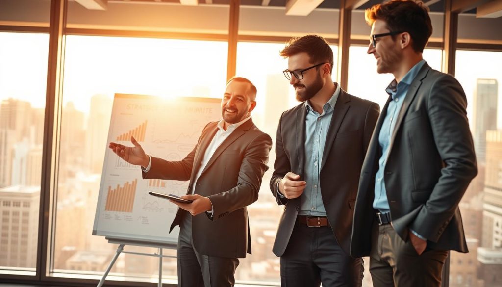 A dynamic scene depicting a strategic investor and a startup founder engaged in a collaborative discussion, surrounded by visual elements symbolizing growth and opportunity. In the foreground, the investor, dressed in a sharp business suit, gestures towards a digital tablet displaying graphs and analytics. The startup founder, in smart casual attire, appears enthusiastic and engaged. In the middle ground, a whiteboard filled with brainstorming ideas and market trends is visible. The background features a modern office setting with large windows showing a city skyline bathed in warm, golden light, suggesting optimism and potential. The atmosphere is professional yet inspiring, evoking a sense of innovation and strategic planning. Shot with a slight tilt to create depth, using a warm color palette for a welcoming ambiance.