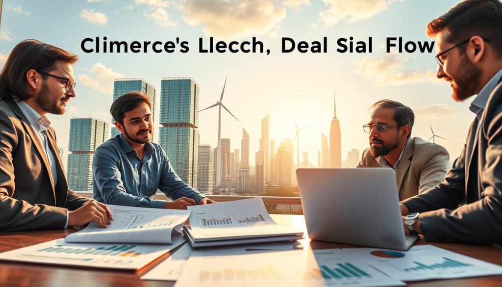 A dynamic scene depicting the concept of "Understanding India Climate Tech Deal Flow." In the foreground, a group of three diverse professionals in business attire discuss over charts and graphs, illustrating investment opportunities, with a laptop open and financial documents spread on the table. In the middle ground, an engaging backdrop of a modern Indian cityscape, featuring green skyscrapers with solar panels and wind turbines incorporated into the architecture. The background includes a bright sky with soft clouds, symbolizing a sustainable future. The lighting is warm, with a late afternoon sun casting a golden hue, creating an optimistic and forward-looking atmosphere. Capture the scene from a slightly elevated angle, emphasizing the collaboration and innovation central to India's climate tech evolution.