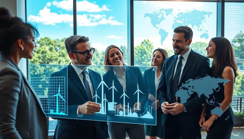 A dynamic scene illustrating the role of venture capital in climate technology, with a diverse group of professionals in smart business attire engaged in a discussion. In the foreground, two investors analyze a holographic display showcasing renewable energy solutions, such as solar panels and wind turbines. The middle section features a sleek, modern office space with large windows revealing a bright blue sky and lush greenery outside, symbolizing a sustainable future. The background includes a digital map highlighting investment flows and innovations. Soft, natural lighting enhances the professional atmosphere, captured from a slightly elevated angle to convey a sense of opportunity and forward-thinking. The overall mood is optimistic and collaborative, embodying the intersection of finance and environmental technology.