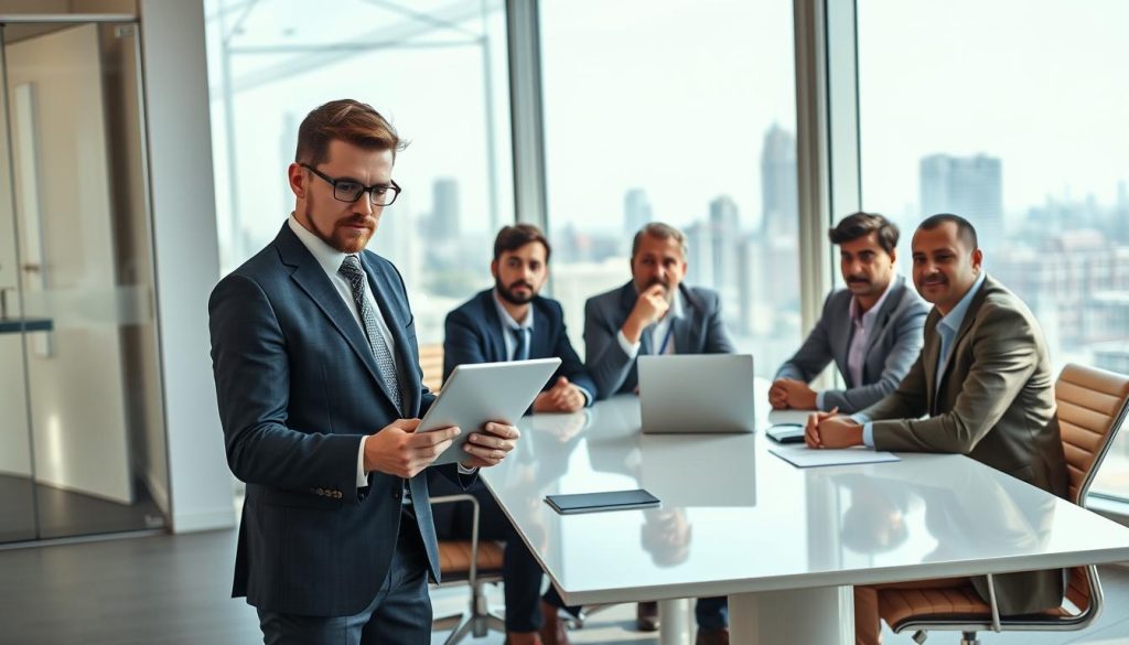 A first-time fund manager stands confidently in a modern office space, engaging with a diverse group of potential investors. In the foreground, the manager, dressed in sharp business attire, uses a laptop displaying financial graphs and projections. In the middle ground, attentive investors of various ages and ethnicities are seated around a sleek conference table, their expressions reflecting curiosity and cautious interest. The background features large windows with a view of a city skyline, letting in natural light that brightens the room. The atmosphere is professional yet slightly tense, highlighting the importance of communication and understanding in fundraising. The image should be captured with a soft focus effect, emphasizing the manager's determined expression, while ensuring all subjects appear engaged and respectful.